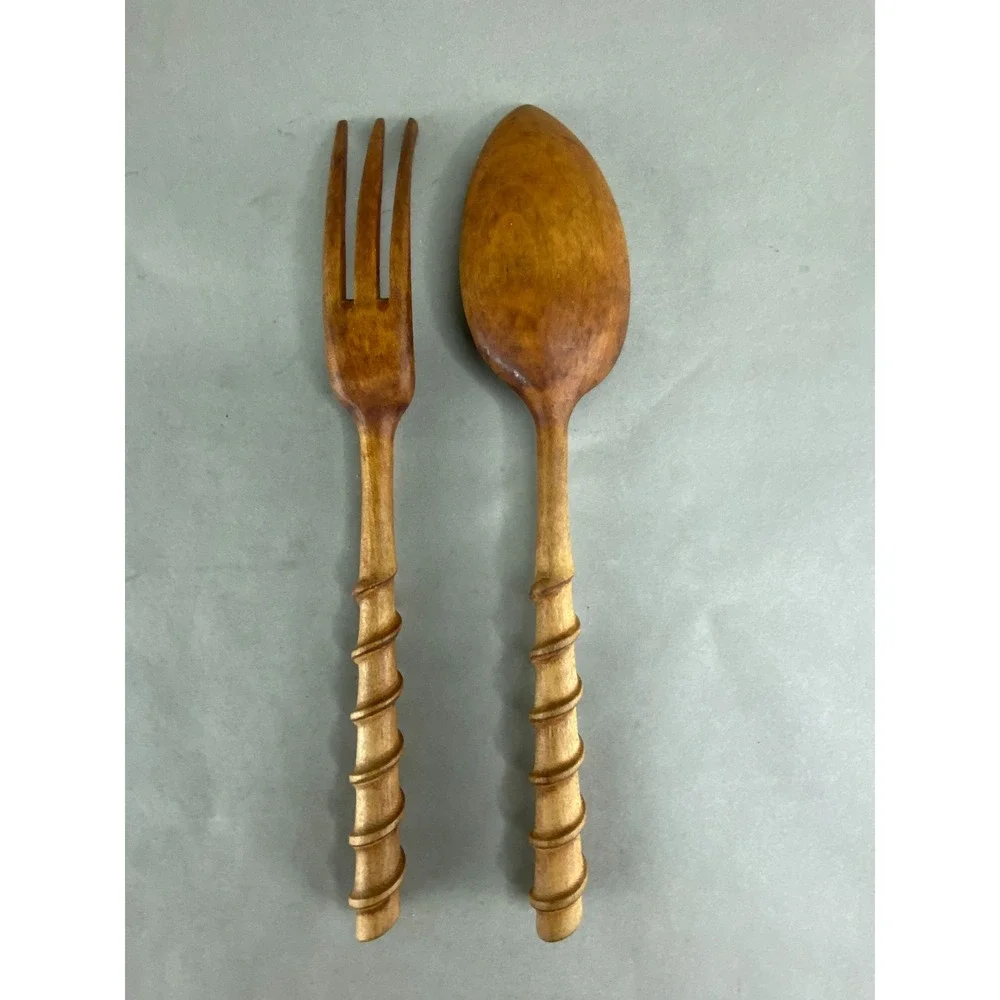 Wooden Salad Servers Rustic Spiral Hand Carved Spoon Fork‎ Set 10